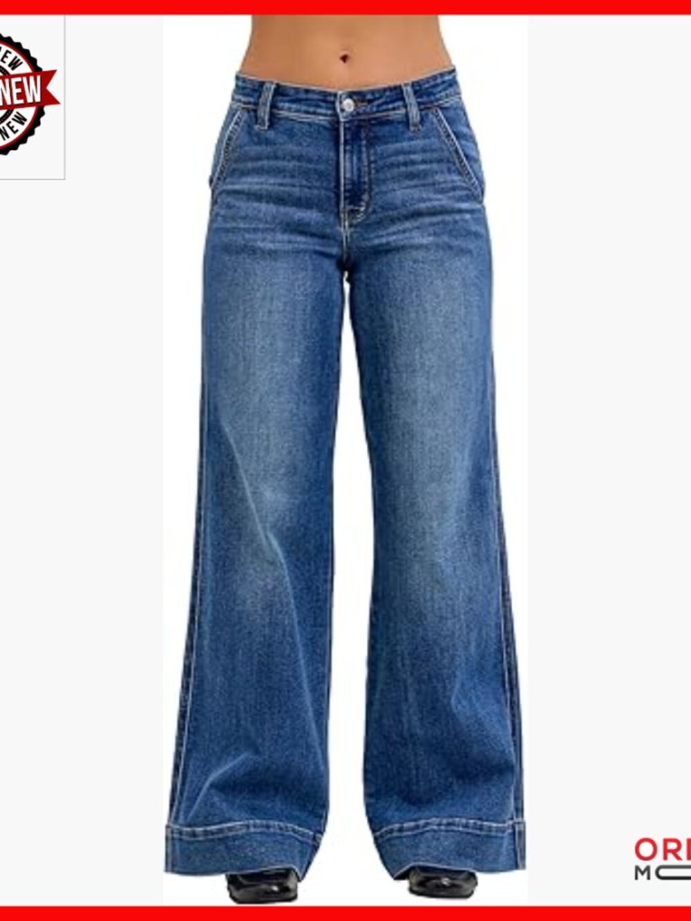 Mid Rise Trouser Retro Wide Leg Jeans, Premium Stretch, Flattering Fit